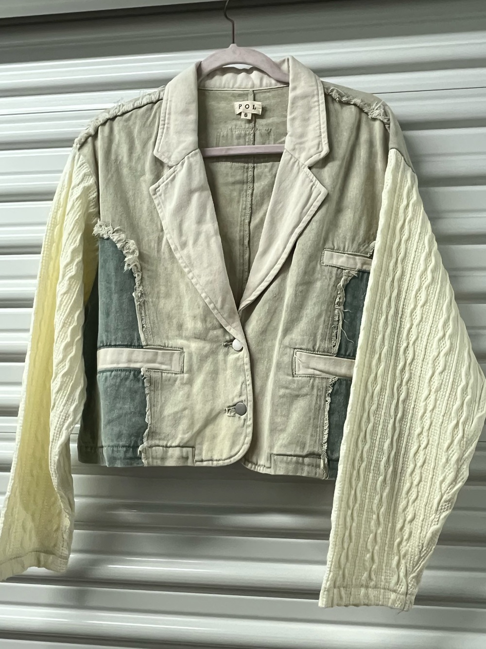POL Two-Tone Neutral Mixed-Media Blazer Jacket